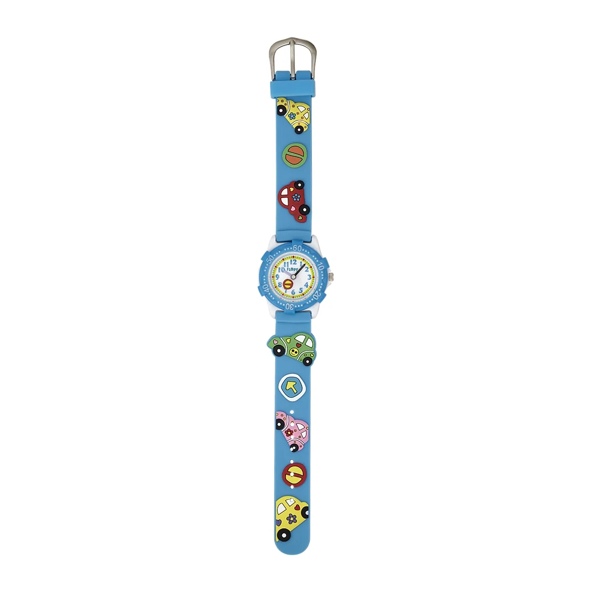 Reloj Flopy analogo, para Niño(a), tablero redondo colores blanco y azul, estilo arabigos, pulso silicona color azul