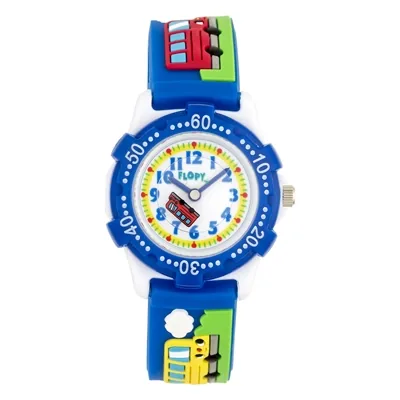 Reloj Flopy analogo, para Niño(a), tablero redondo colores blanco y azul, estilo arabigos, pulso silicona color azul