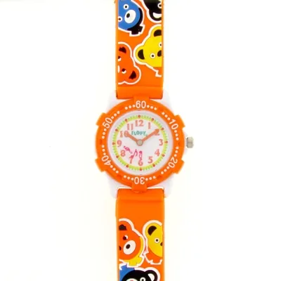 Reloj Flopy analogo, para Niño(a), tablero redondo color blanco, estilo arabigos, pulso silicona color naranja