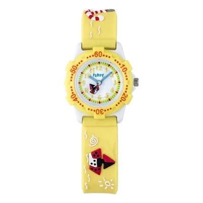 Reloj Flopy analogo, para Niño(a), tablero redondo color blanco, estilo arabigos, pulso silicona color amarillo