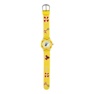 Reloj Flopy analogo, para Niño(a), tablero redondo color blanco, estilo arabigos, pulso silicona color amarillo