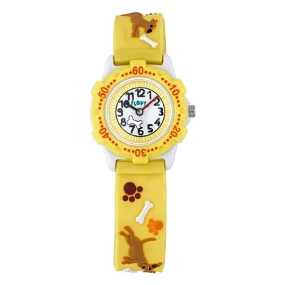 Reloj Flopy análogo, para Niño(a), tablero redondo color blanco, estilo arábigos, pulso silicona color amarillo
