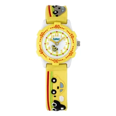 Reloj Flopy analogo, para Niño(a), tablero redondo color blanco, estilo arabigos, pulso silicona color amarillo