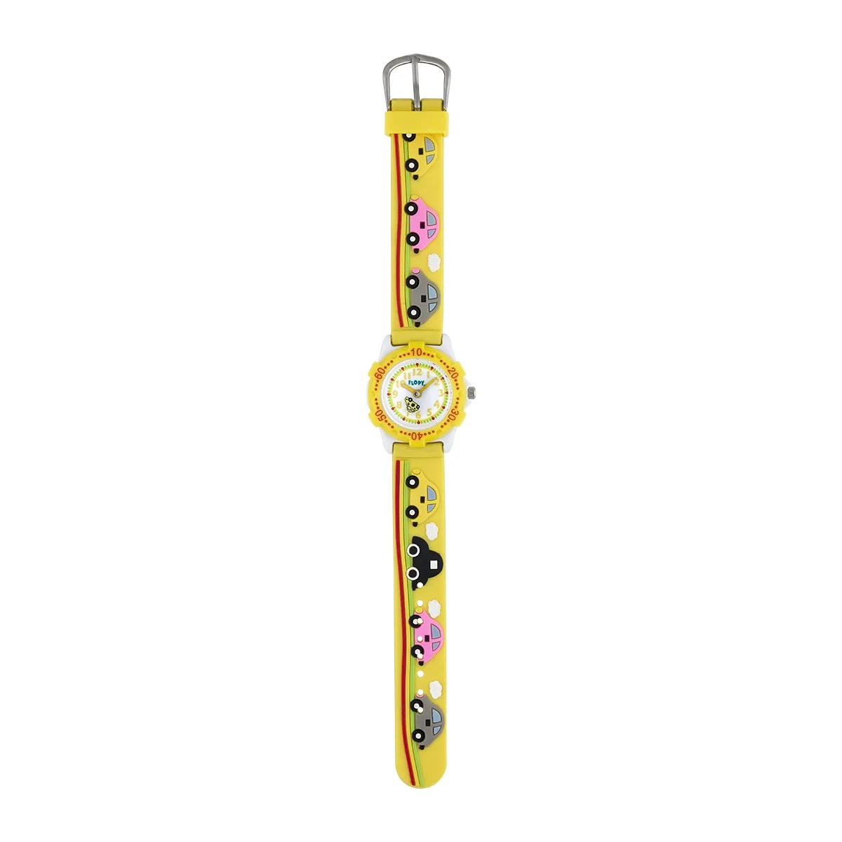 Reloj Flopy análogo, para Niño, tablero redondo color blanco, estilo arábigos, pulso silicona color amarillo