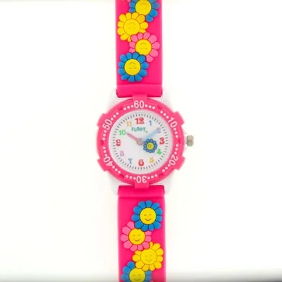 Reloj Flopy analogo, para Niño(a), tablero redondo colores rosado y blanco, estilo arabigos, pulso plastico color rosado