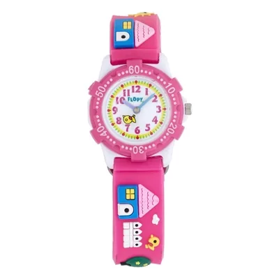 Reloj Flopy analogo, para Niño(a), tablero redondo colores blanco y rosado, estilo arabigos, pulso silicona color rosado