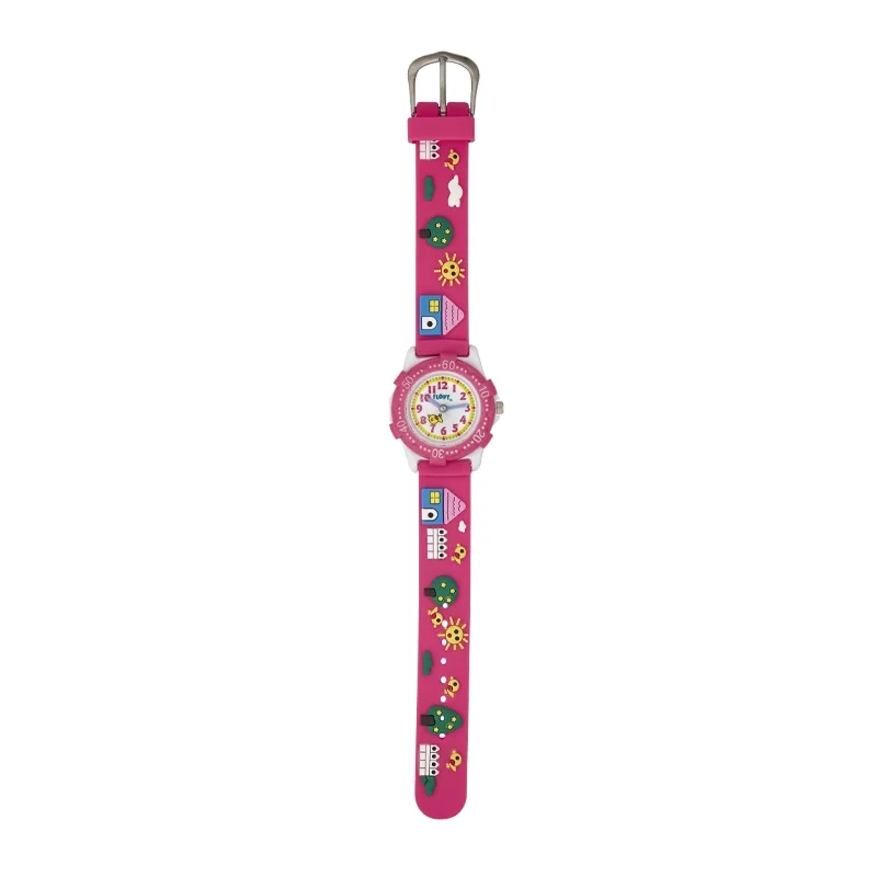 Reloj Flopy analogo, para Niño(a), tablero redondo colores blanco y rosado, estilo arabigos, pulso silicona color rosado