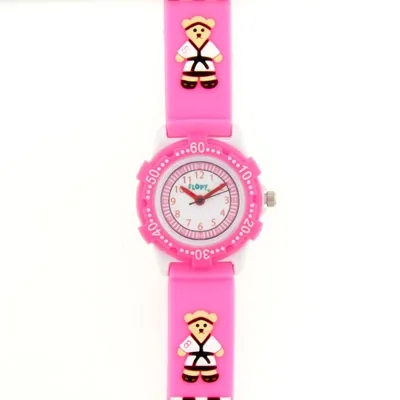Reloj Flopy analogo, para Niño(a), tablero redondo color blanco, estilo arabigos, pulso silicona color rosado