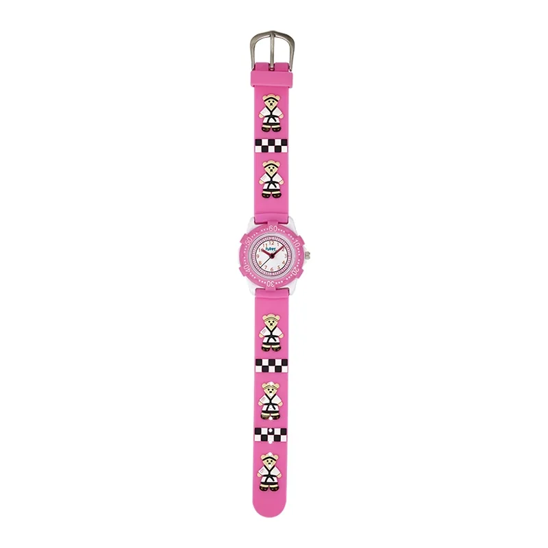 Reloj Flopy analogo, para Niño(a), tablero redondo color blanco, estilo arabigos, pulso silicona color rosado