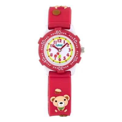 Reloj Flopy analogo, para Niño(a), tablero redondo color blanco, estilo arabigos, pulso silicona color rojo