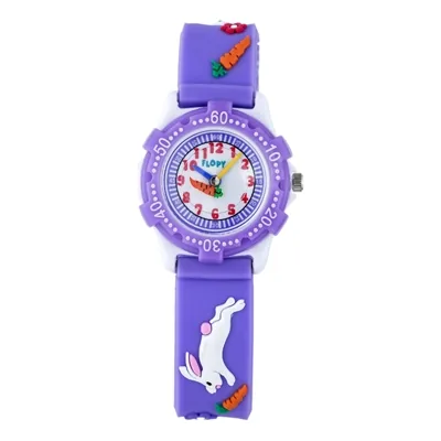 Reloj Flopy analogo, para Niño(a), tablero redondo color blanco, estilo arabigos, pulso silicona color morado