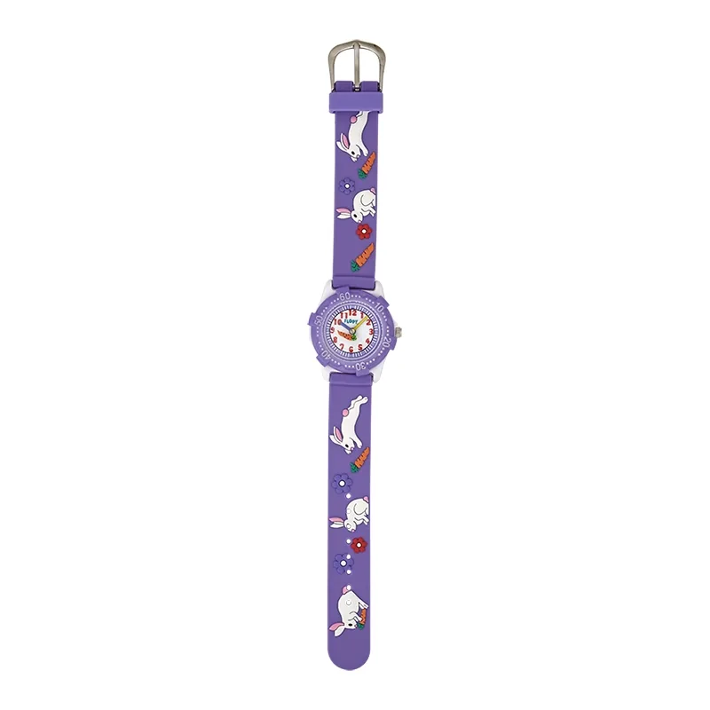 Reloj Flopy analogo, para Niño(a), tablero redondo color blanco, estilo arabigos, pulso silicona color morado