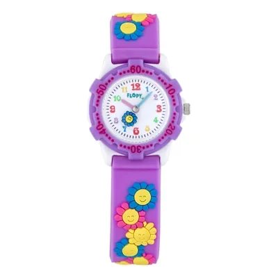 Reloj Flopy analogo, para Niño(a), tablero redondo colores blanco y morado, estilo arabigos, pulso silicona color morado