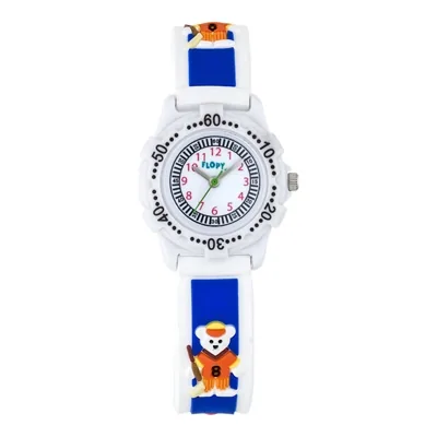 Reloj Flopy analogo, para Niño(a), tablero redondo color blanco, estilo arabigos, pulso silicona color azul