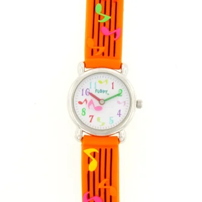 Reloj Flopy analogo, para Niño(a), tablero redondo color blanco, estilo arabigos, pulso plastico color naranja