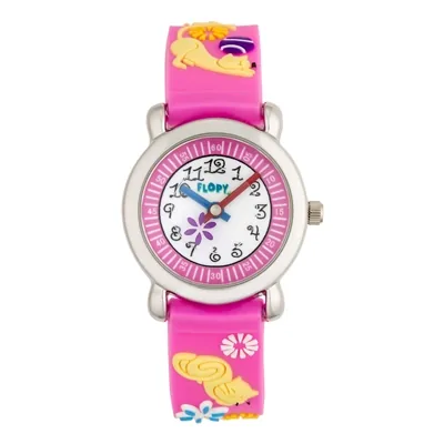 Reloj Flopy analogo, para Niño(a), tablero redondo colores blanco y rosado, estilo arabigos, pulso plastico color rosado