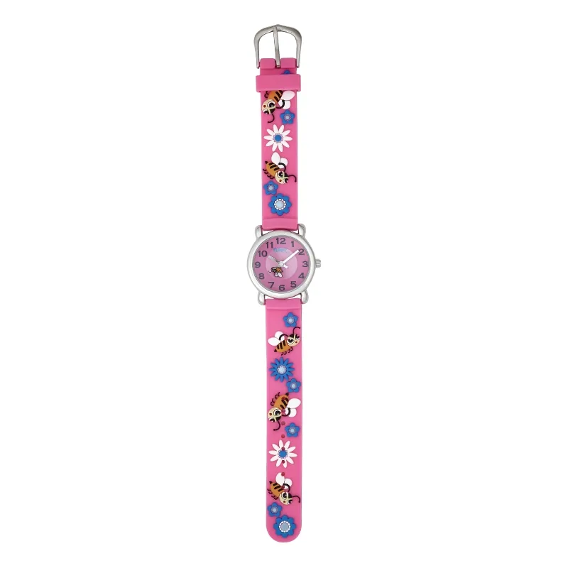 Reloj Flopy analogo, para Niño(a), tablero redondo color rosado, estilo arabigos, pulso plastico color rosado