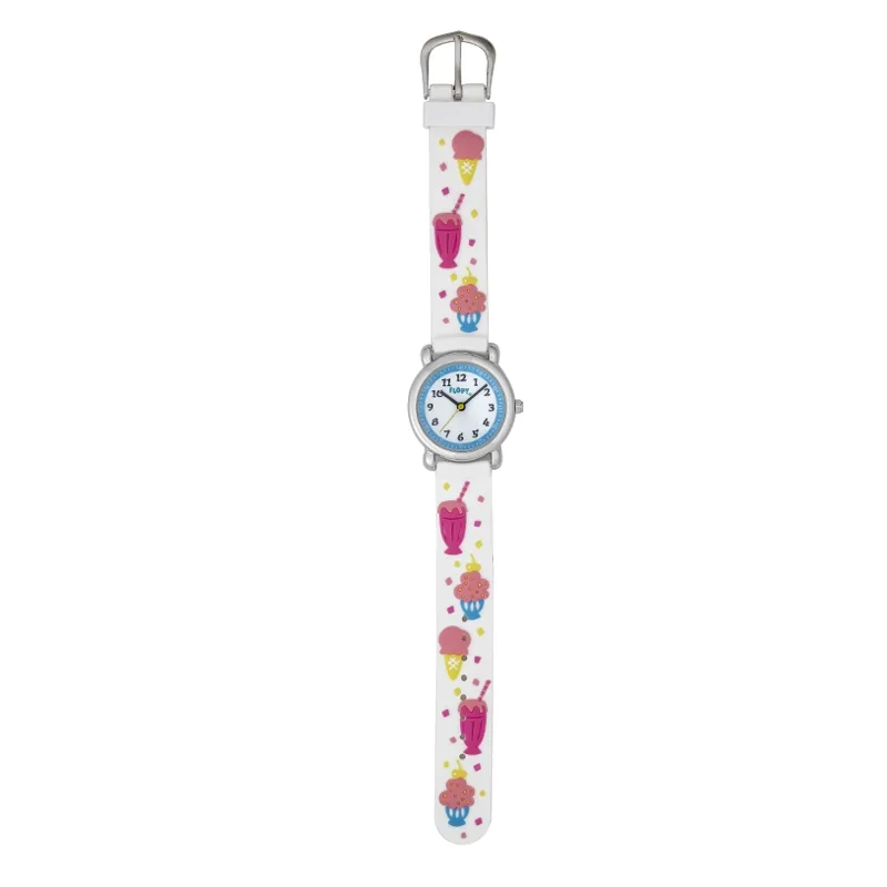 Reloj Flopy analogo, para Niño(a), tablero redondo color blanco, estilo arabigos, pulso plastico color blanco