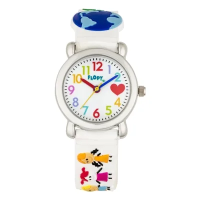Reloj Flopy analogo, para Niño(a), tablero redondo color blanco, estilo arabigos, pulso plastico color blanco