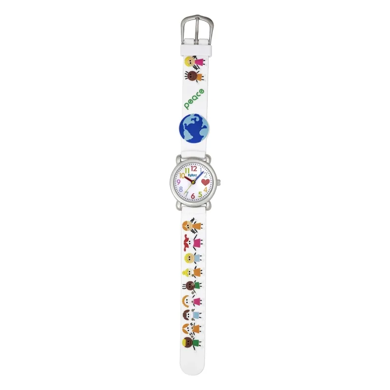 Reloj Flopy analogo, para Niño(a), tablero redondo color blanco, estilo arabigos, pulso plastico color blanco