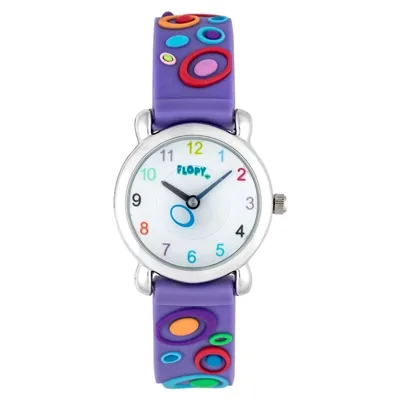 Reloj Flopy análogo, para Niño(a), tablero redondo colores blanco y morado, estilo arábigos, pulso silicona color morado