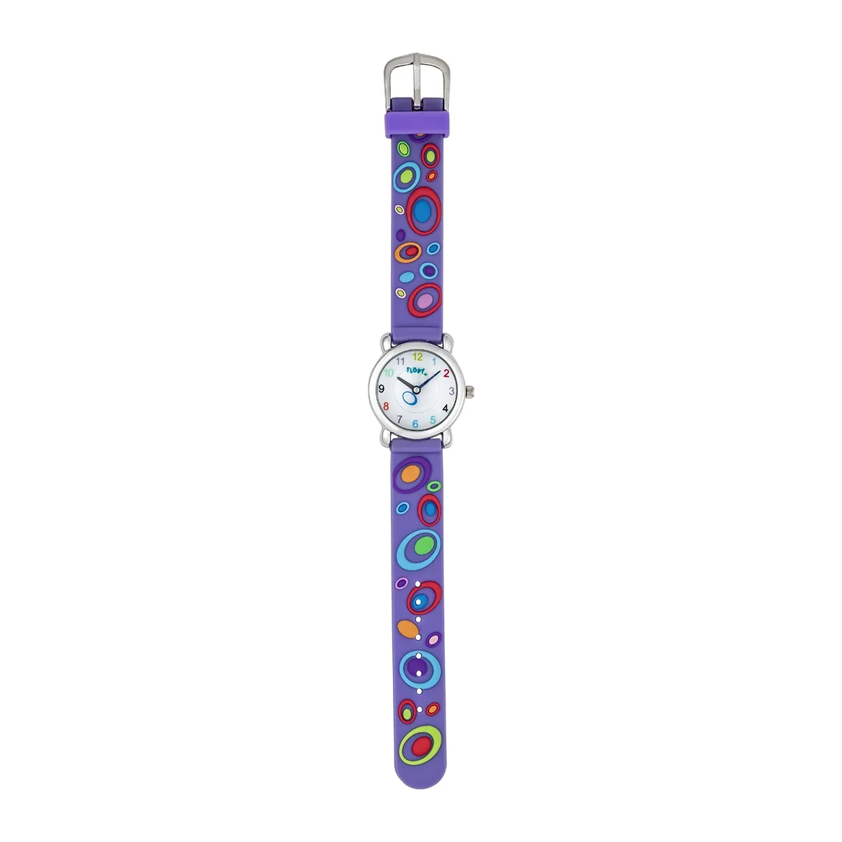 Reloj Flopy análogo, para Niña, tablero redondo colores blanco y morado, estilo arábigos, pulso silicona color morado