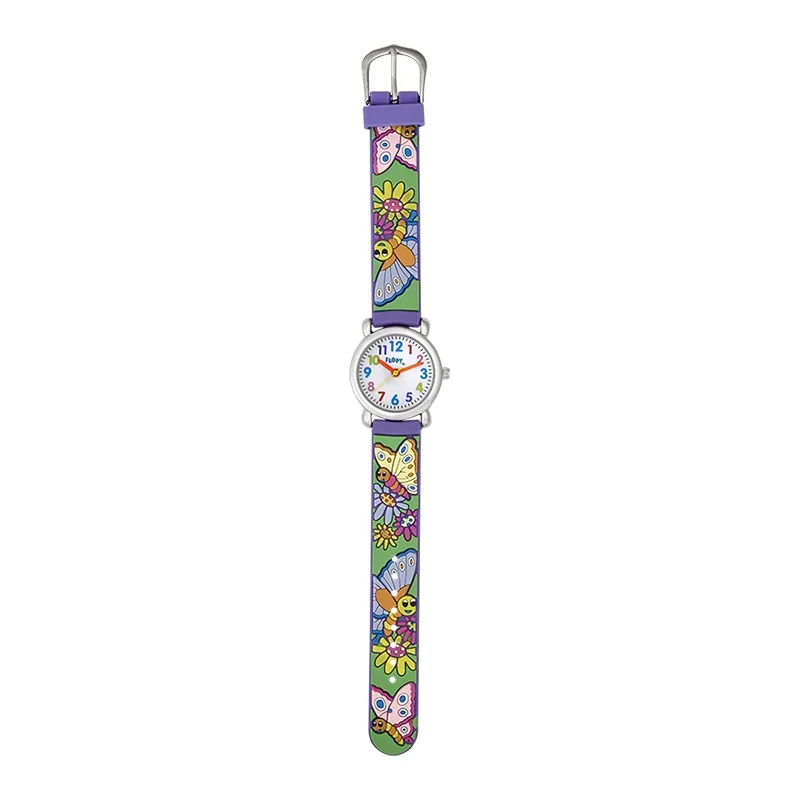 Reloj Flopy analogo, para Niño(a), tablero redondo colores blanco, azul, morado, rosado y verde, estilo arabigos, pulso silicona color morado