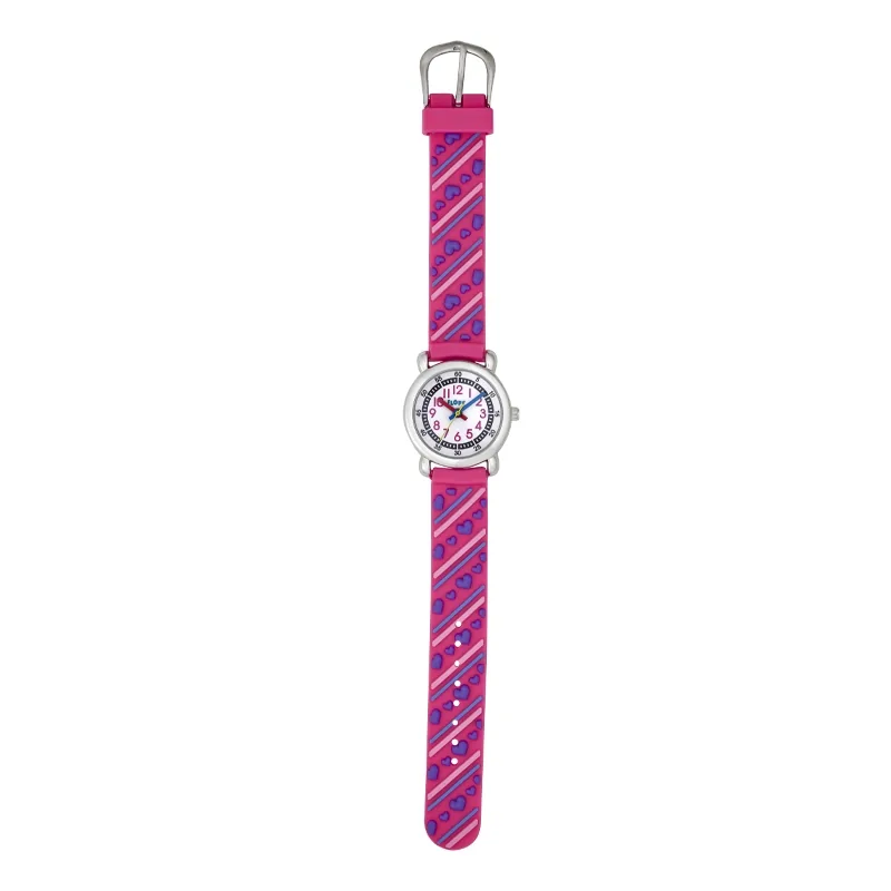 Reloj Flopy analogo, para Niño(a), tablero redondo colores blanco, rosado, azul y amarillo, estilo arabigos, pulso silicona color rosado