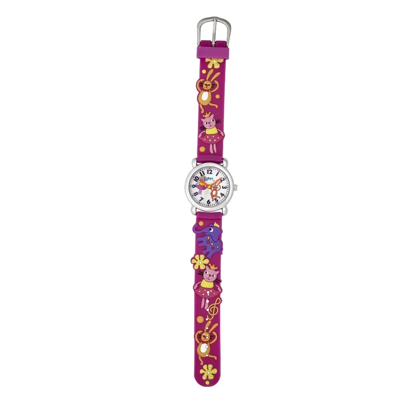 Reloj Flopy analogo, para Niño(a), tablero redondo colores blanco, rojo y verde, estilo arabigos, pulso silicona color fucsia