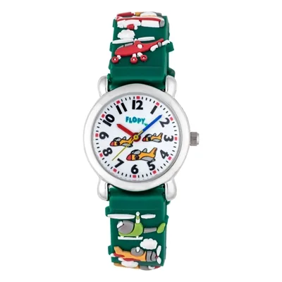 Reloj Flopy analogo, para Niño(a), tablero redondo colores blanco, rojo, naranja y gris, estilo puntos + arabigo, pulso silicona color verde