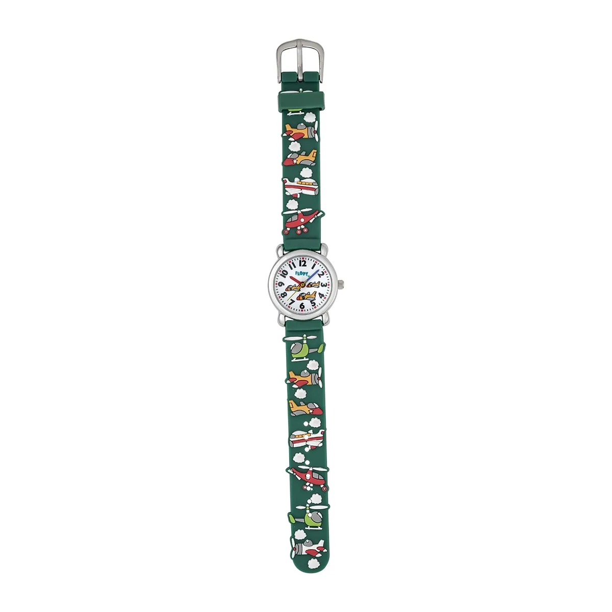 Reloj Flopy análogo, para Niño, tablero redondo color blanco, estilo puntos + arábigo, pulso silicona color verde