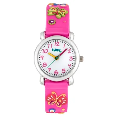 Reloj Flopy analogo, para Niño(a), tablero redondo colores blanco, rosado, amarillo y verde, estilo arabigos, pulso silicona color rosado