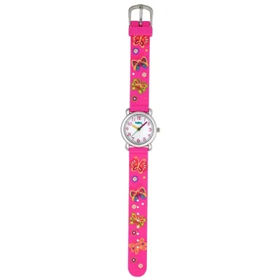 Reloj Flopy analogo, para Niño(a), tablero redondo colores blanco, rosado, amarillo y verde, estilo arabigos, pulso silicona color rosado