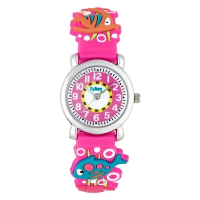 Reloj Flopy analogo, para Niño(a), tablero redondo colores rosado, blanco y amarillo, estilo arabigos, pulso silicona color rosado