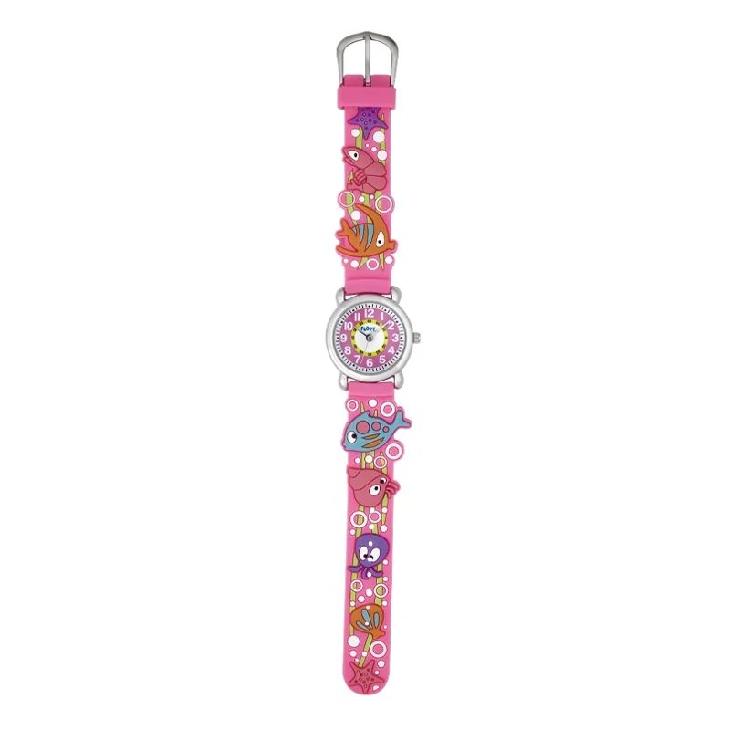 Reloj Flopy analogo, para Niño(a), tablero redondo colores rosado, blanco y amarillo, estilo arabigos, pulso silicona color rosado