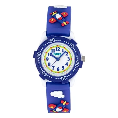 Reloj Flopy analogo, para Niño(a), tablero redondo colores blanco, azul y amarillo, estilo arabigos, pulso silicona color azul