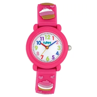 Reloj Flopy analogo, para Niño(a), tablero redondo color blanco, estilo arabigos, pulso silicona color rosado