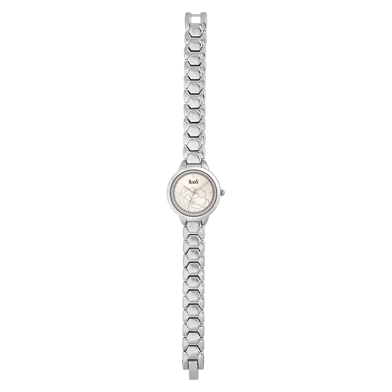 Reloj Jeans analogo, para Dama, tablero redondo colores rosa y rosado, estilo sin numeros, pulso metalico color plateado