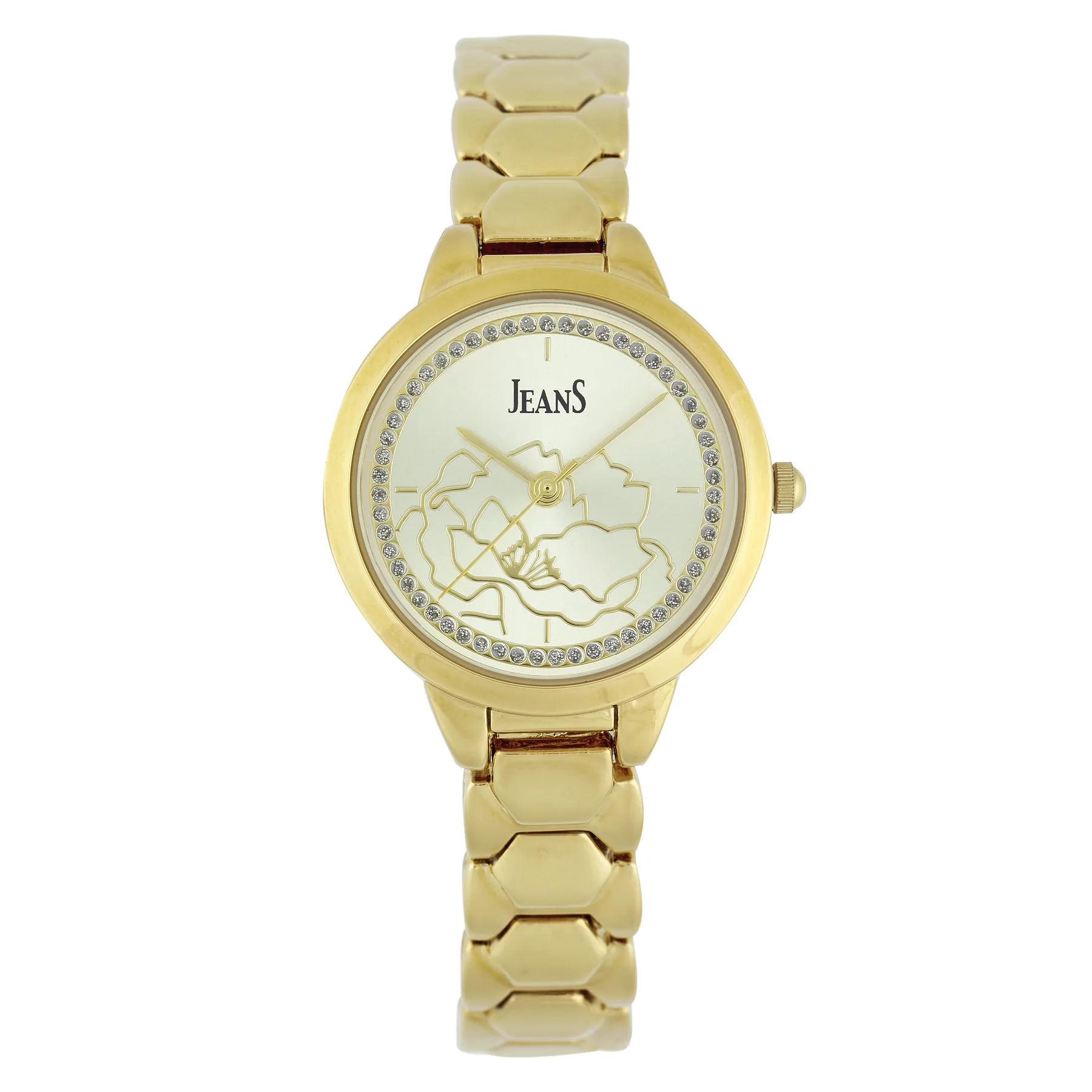 Reloj Jeans analogo, para Dama, tablero redondo color dorado, estilo index, pulso metalico color dorado