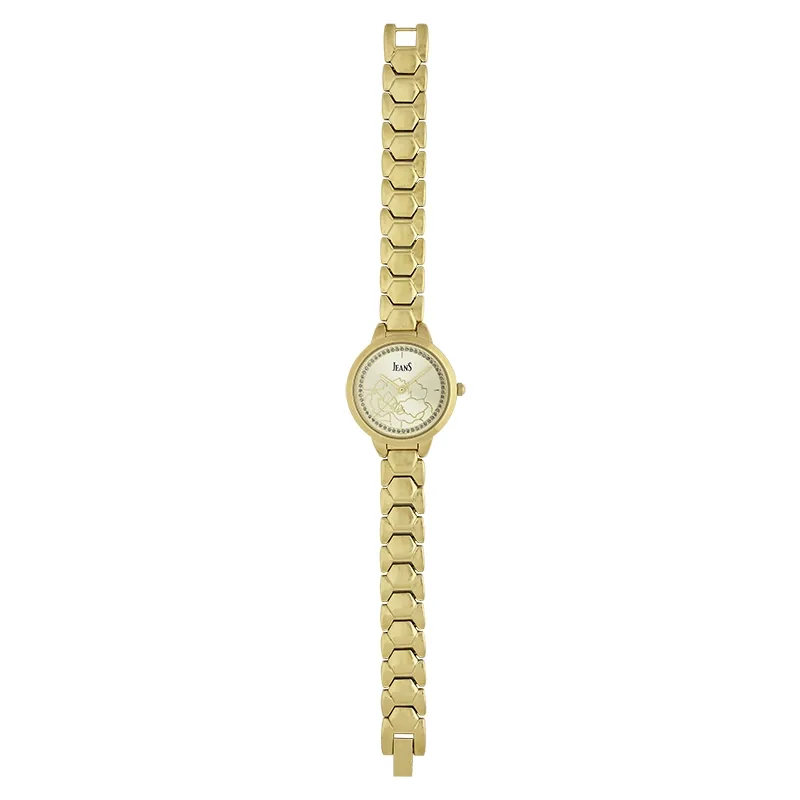 Reloj Jeans analogo, para Dama, tablero redondo color dorado, estilo index, pulso metalico color dorado