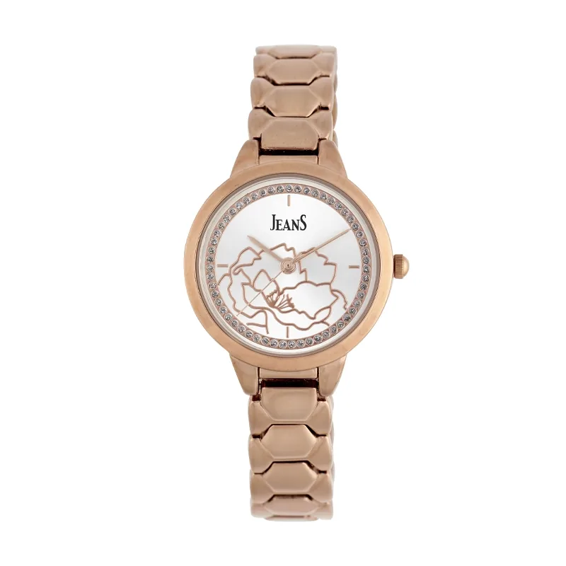 Reloj Jeans analogo, para Dama, tablero redondo color plateado, estilo sin numeros, pulso metalico color rosa