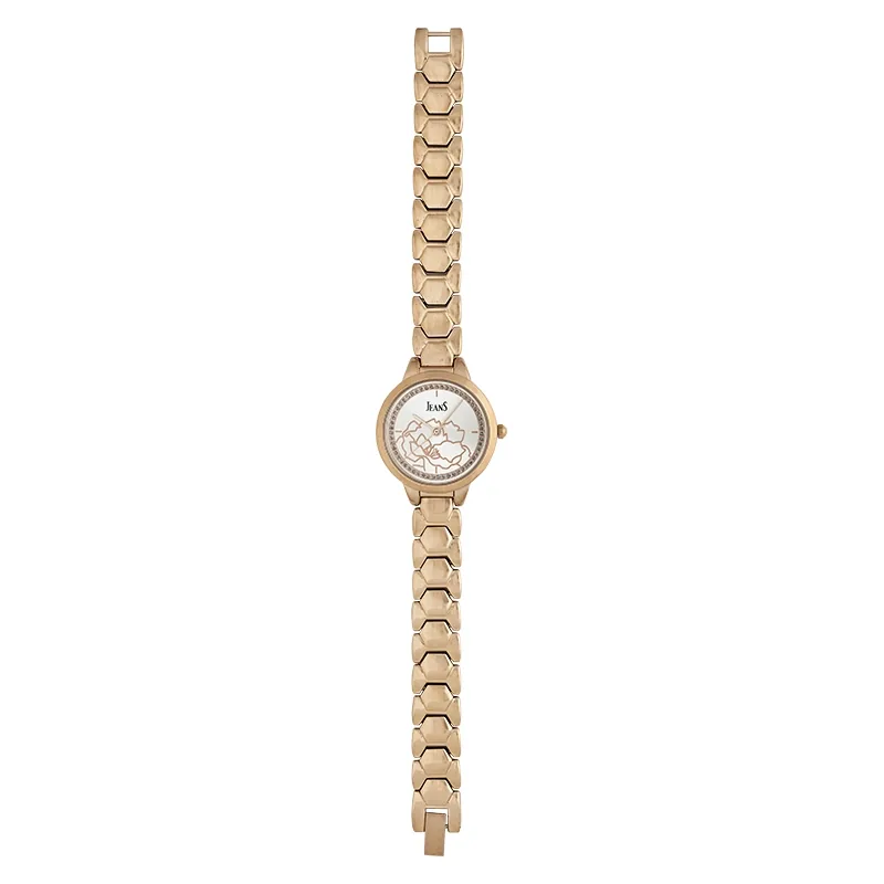 Reloj Jeans analogo, para Dama, tablero redondo color plateado, estilo sin numeros, pulso metalico color rosa