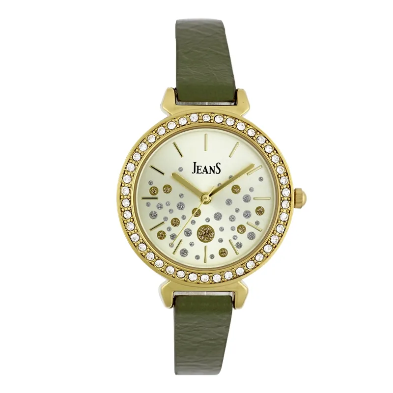 Reloj Jeans analogo, para Dama, tablero redondo color dorado, estilo index, pulso cuero sintetico color verde