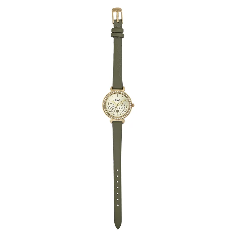 Reloj Jeans analogo, para Dama, tablero redondo color dorado, estilo index, pulso cuero sintetico color verde
