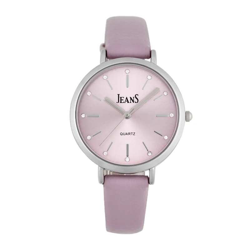 Reloj Jeans analogo, para Dama, tablero redondo color rosado, estilo index, pulso cuero sintetico color rosado