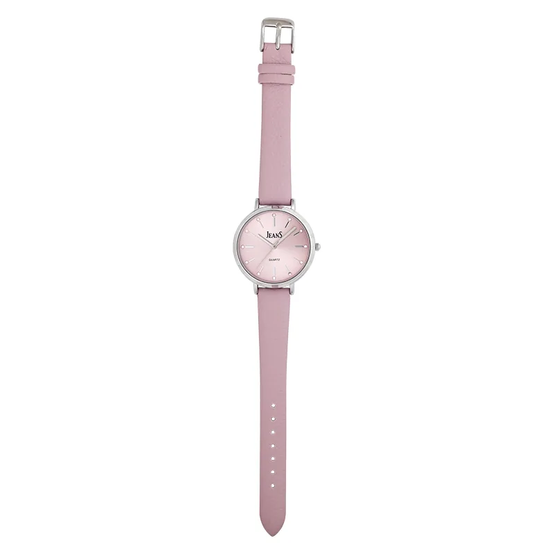 Reloj Jeans analogo, para Dama, tablero redondo color rosado, estilo index, pulso cuero sintetico color rosado