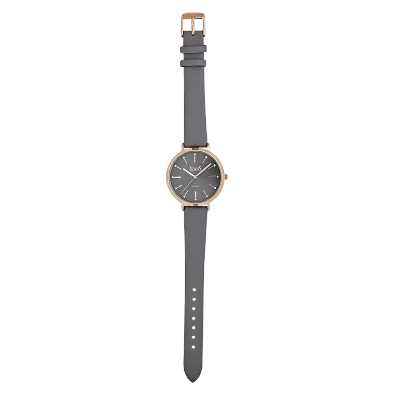 Reloj Jeans analogo, para Dama, tablero redondo color gris, estilo index, pulso cuero sintetico color gris