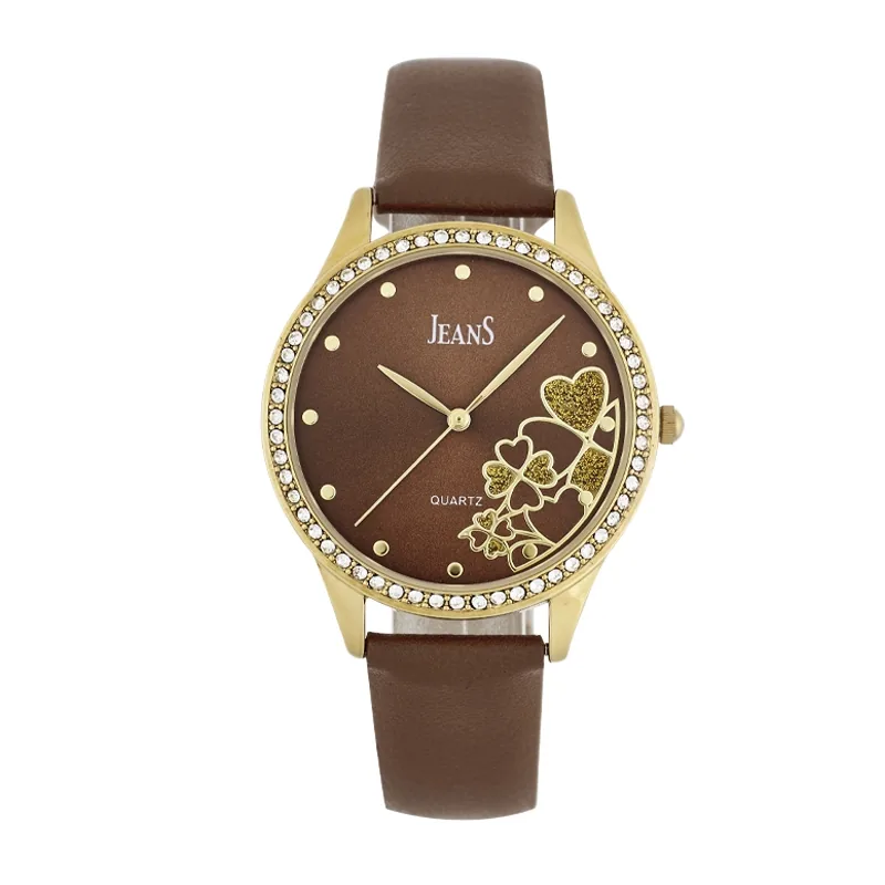 Reloj Jeans analogo, para Dama, tablero redondo color café, estilo puntos, pulso cuero sintetico color café
