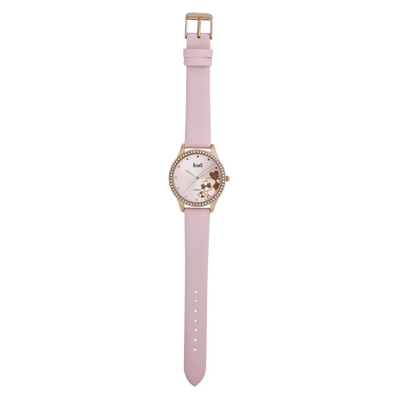 Reloj Jeans analogo, para Dama, tablero redondo color rosado, estilo puntos, pulso cuero sintetico color rosado