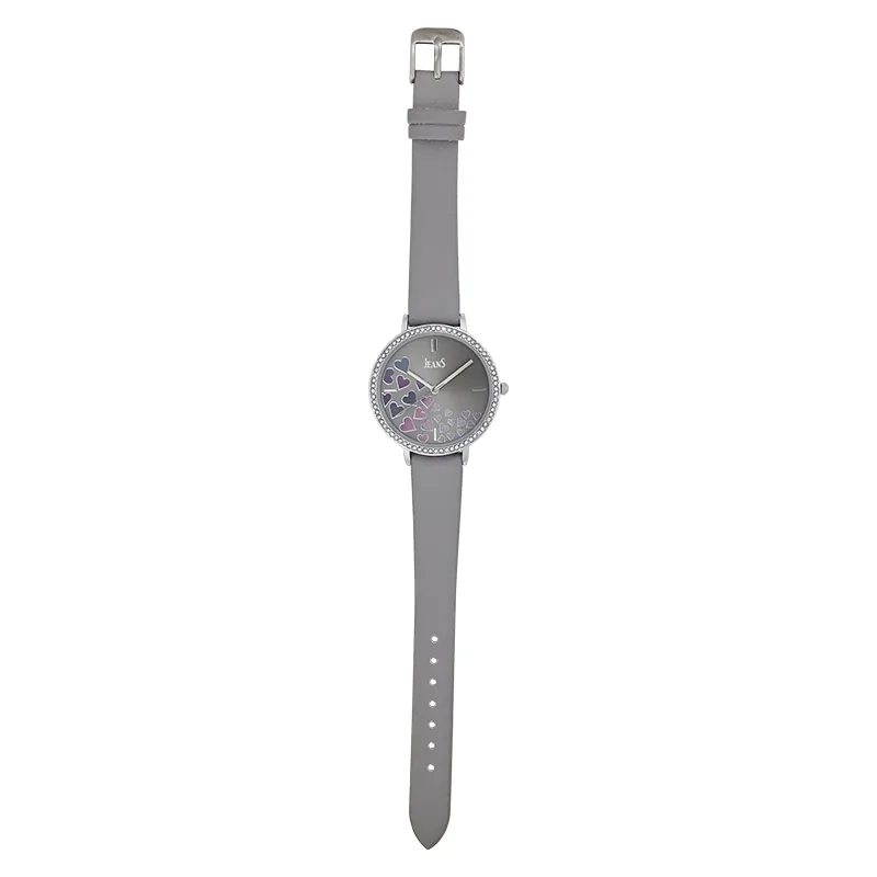 Reloj Jeans analogo, para Dama, tablero redondo color gris, estilo index, pulso cuero sintetico color gris